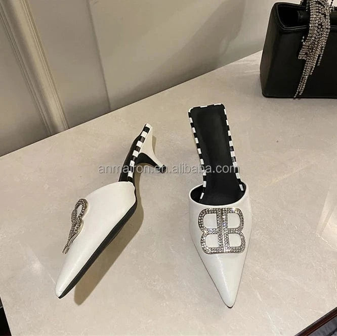 35.5 / White Wholesale price stiletto high heels slippers ANMAIRON low heel pointy diamond heeled sandals sexy womens slippers