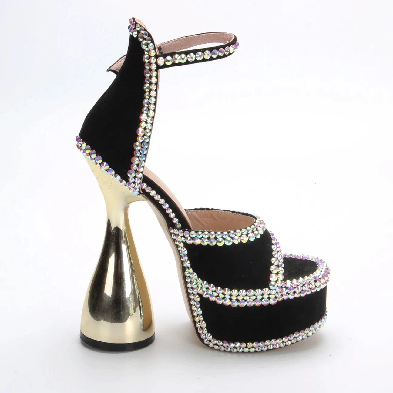 35 / Black Anmairon Hot Sale One Pair Available New Design Peep Toe Diamonds Bling Bling Bowling Heel Women High Heel Sandals