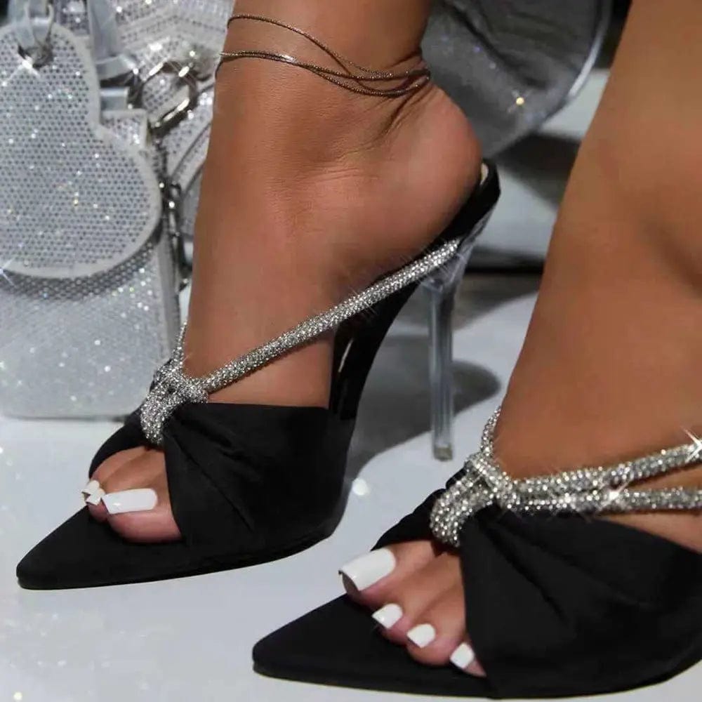 35 / black BUSY GIRL High Heels Shoes Women Blue Soft Satin Bow Shiny Rhinestone Mules V-strap Summer Women Sandals Slip-on Slides Slippers
