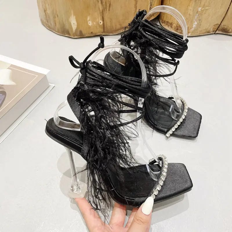 35 / black BUSY GIRL LFN4362 High Heels Shoes For Women Lace Up Heels Faux Feather Fur Rhinestone Sexy Ladies and Women Heeled Sandals