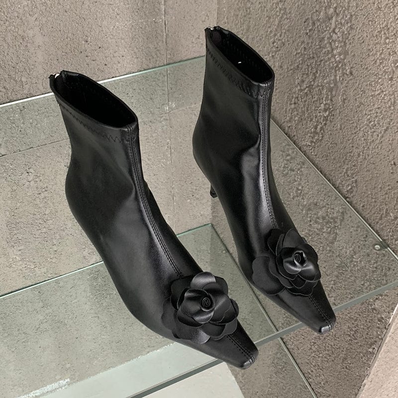 35 / Black Fashion Flower PU Sewing Decoration 2023 New Solid Square Toe Thin High Heel Office Lady Ankle Boots Zippers 35-39 Women Shoes