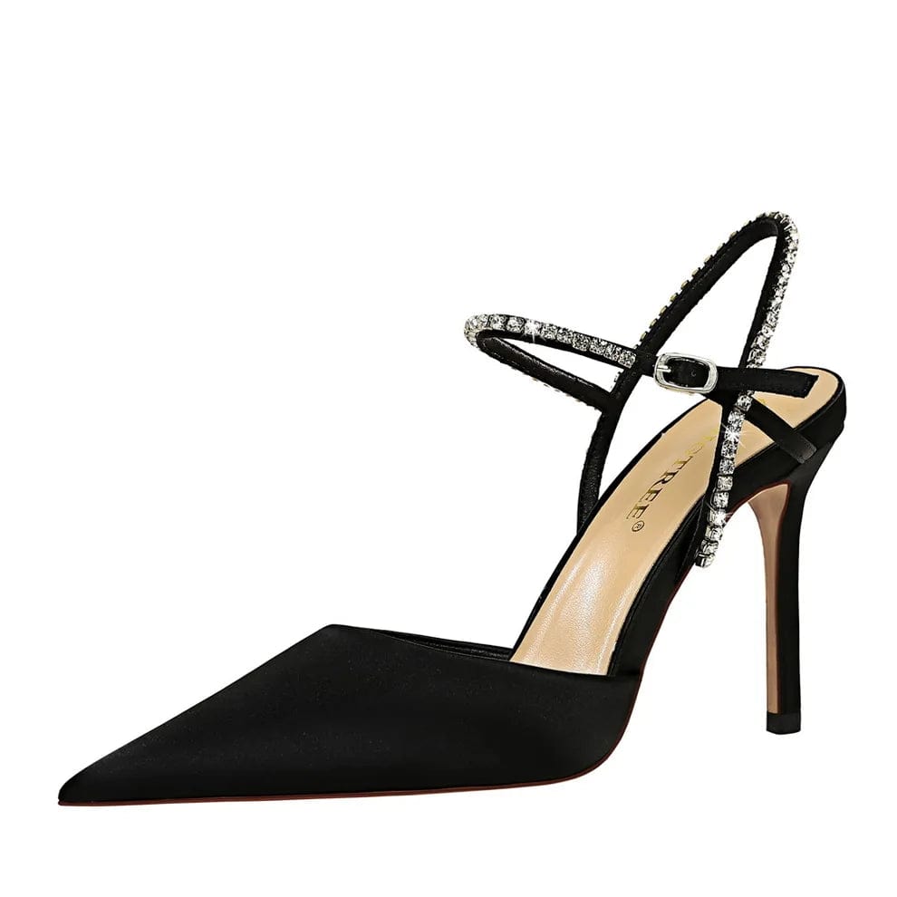 35 / Black New Dress Shoes Party Banquet Stiletto High Heels Satin Hollow Summer Women's Shoes Rhinestones Heels For Ladies Sandals