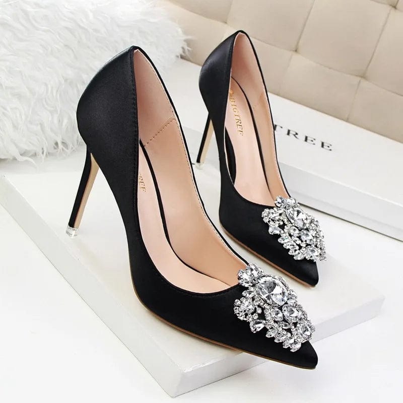 35 / Black New Women Korean Shining Crystal simple  high heels Slippers Shallow pointed mouth thin mature sexy women High Heel Sandals