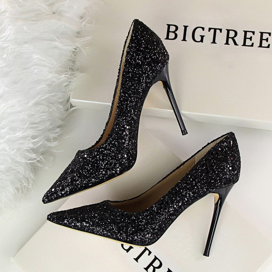 35 / black S4675F     High-heel shallow mouth pointed toe sparkling sequins sexy slimming  wedding luxury shoes women