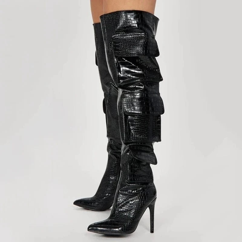 35 / Black Silver Prints Women's Over Knee High Thin Heels Size 44 Pockets Boots Pointed Toe Camouflage Shoes Stiletto Denim Long Booties