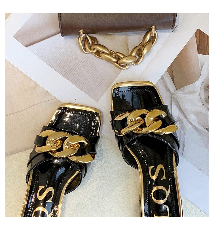 35 / black venta pantuflas mayoreo 2023 high quality summer women's flat slides chain sandals square toe outdoor ladies heels slippers
