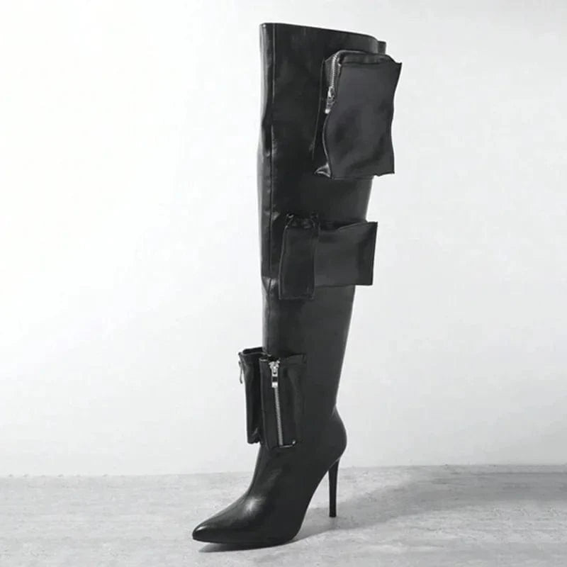35 / Black Women's Over Knee High Thin Heels Size 44 Pockets Boots Pointed Toe Camouflage Shoes Stiletto Wide Fit Denim Long Booties