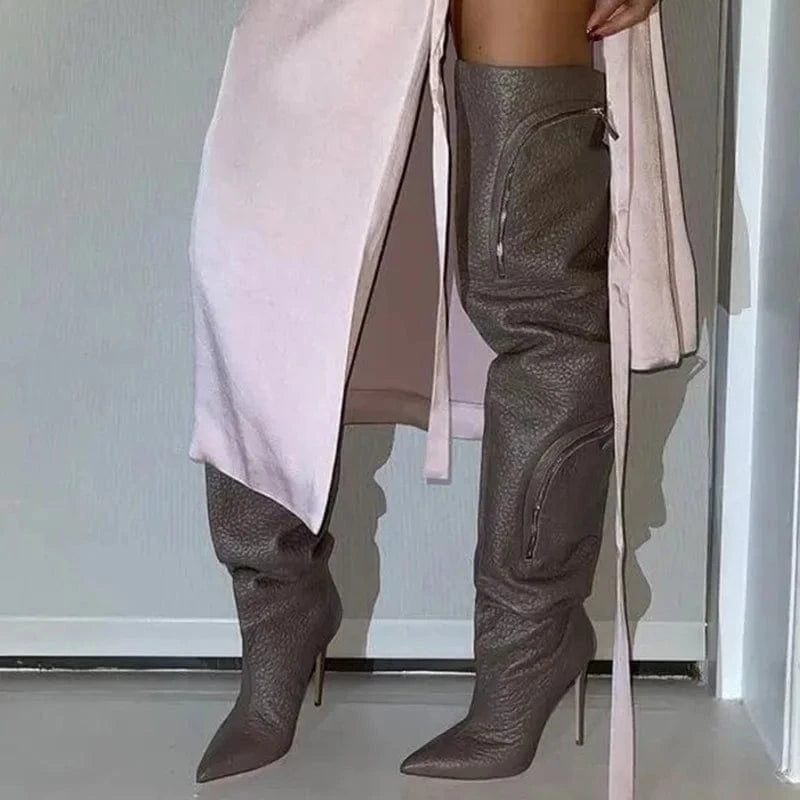 35 / Brown Big Size 45 Wide Fit Women's Over Knee High Thin Heels Zipper Pockets Boots Pointed Toe Shoes Stiletto Long Booties