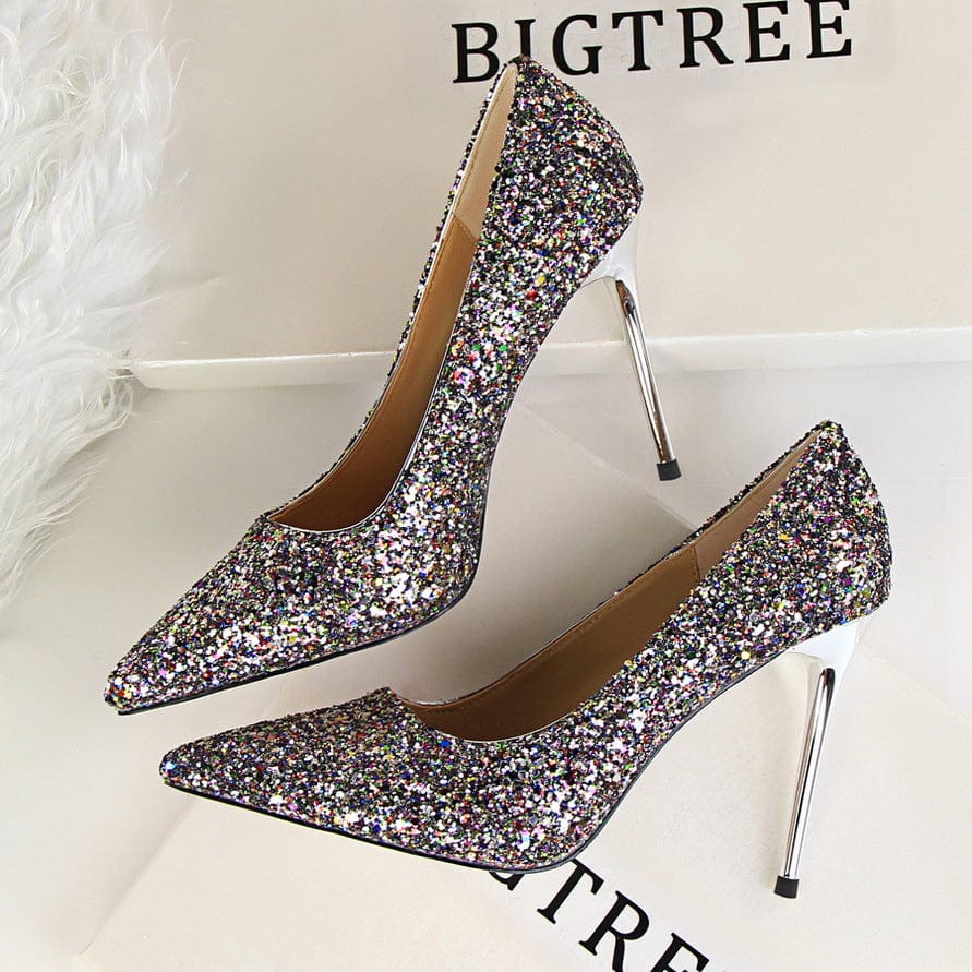 35 / color S4675F     High-heel shallow mouth pointed toe sparkling sequins sexy slimming  wedding luxury shoes women