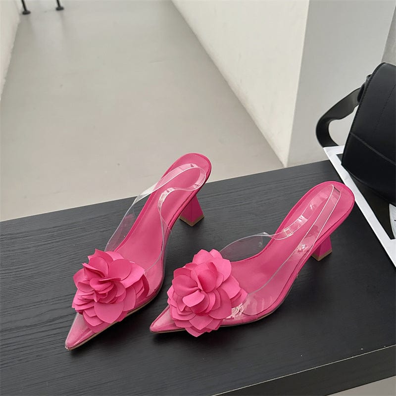 35 / Fushia PDEP 2023 new sling back women's shoes flower elegant point toe  ladies  high heels shoes clear transparent heeled sandals