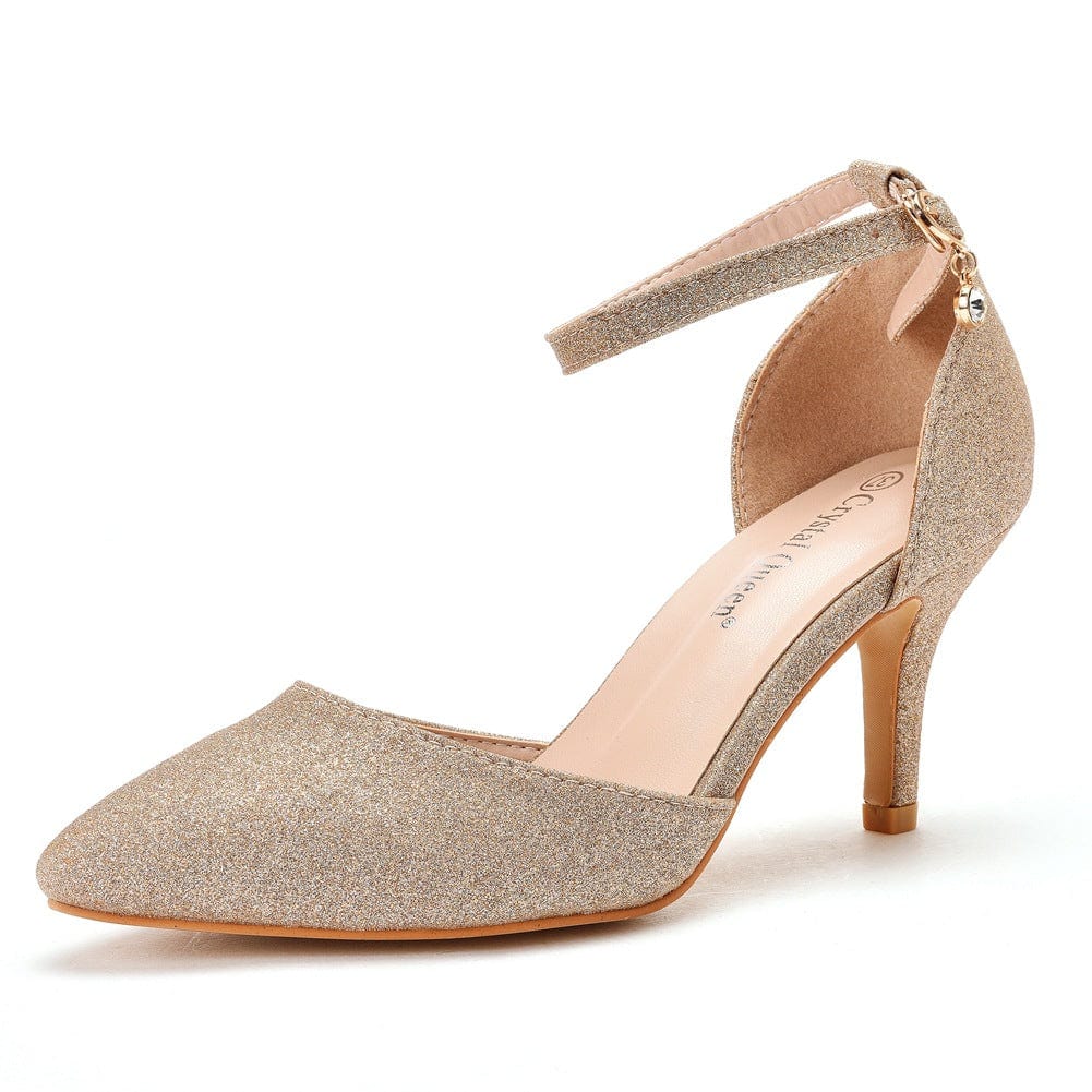 35 / Gold S4517F    7cm High Heel Stiletto Heel Pointed Toe Buckle Large Size Bridal Wedding Shoes