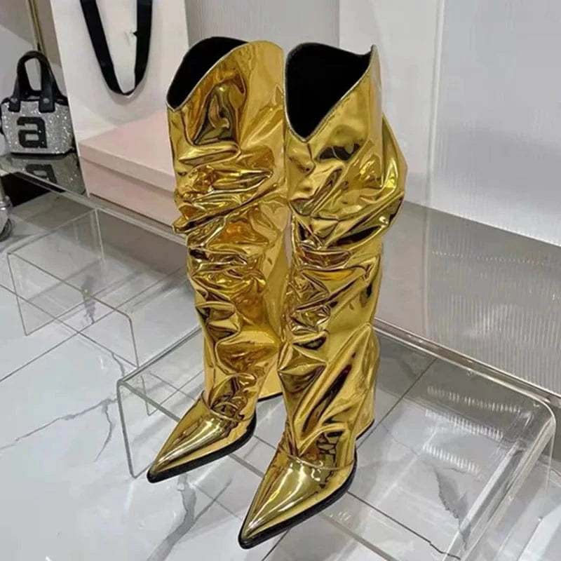 35 / Gold Women's Pointy Toe Knee-high Booties High Chunky Heels Boots Colorful  Metallic Pleated Upper Slip On Shoes