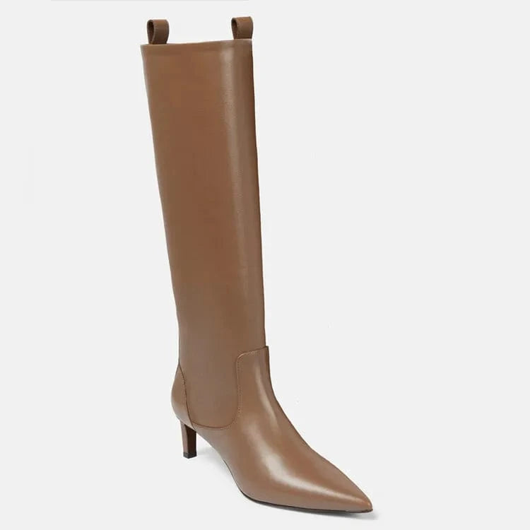 35 / khaki Large Size 46 Solid Wide Fit Women's Knee High Boots Ladies Low Heels Shoes Pointed toe Slip on Long Booties