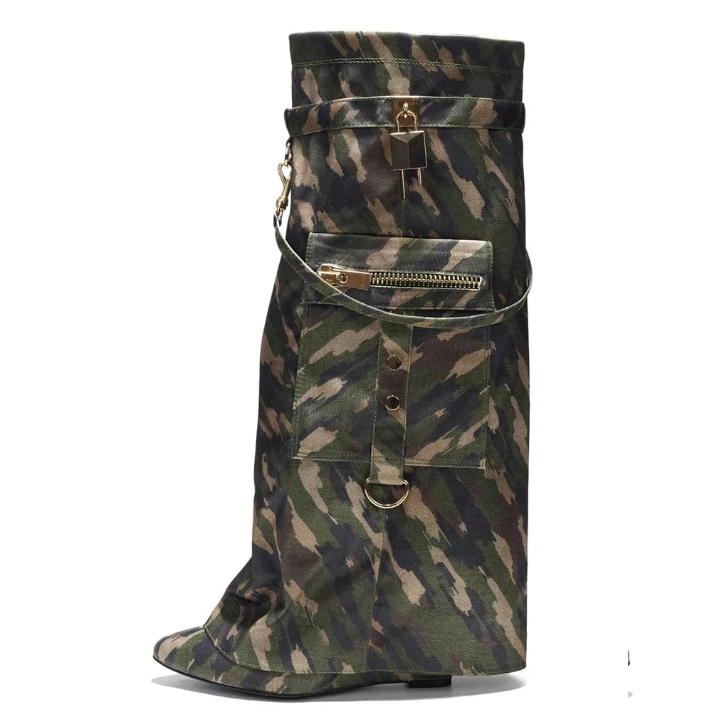35 / mixed Women's Lock Pointy Toe Knee-high Booties Lock Wedge Pants Booties Strap Pocket Metallic PU Camouflage Print Overlay Shoes