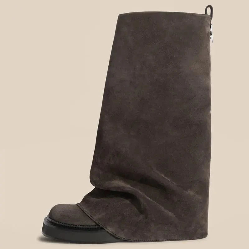 35 / nubuck Thick Sole Loose Upper Shoes Leather Flat Heels Square Toe Slouchy Long Boots Women's Wide Fit Knee High Booties