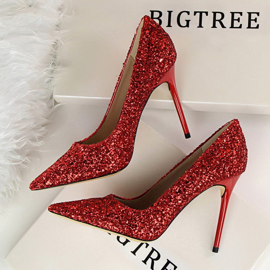 35 / Red S4675F     High-heel shallow mouth pointed toe sparkling sequins sexy slimming  wedding luxury shoes women
