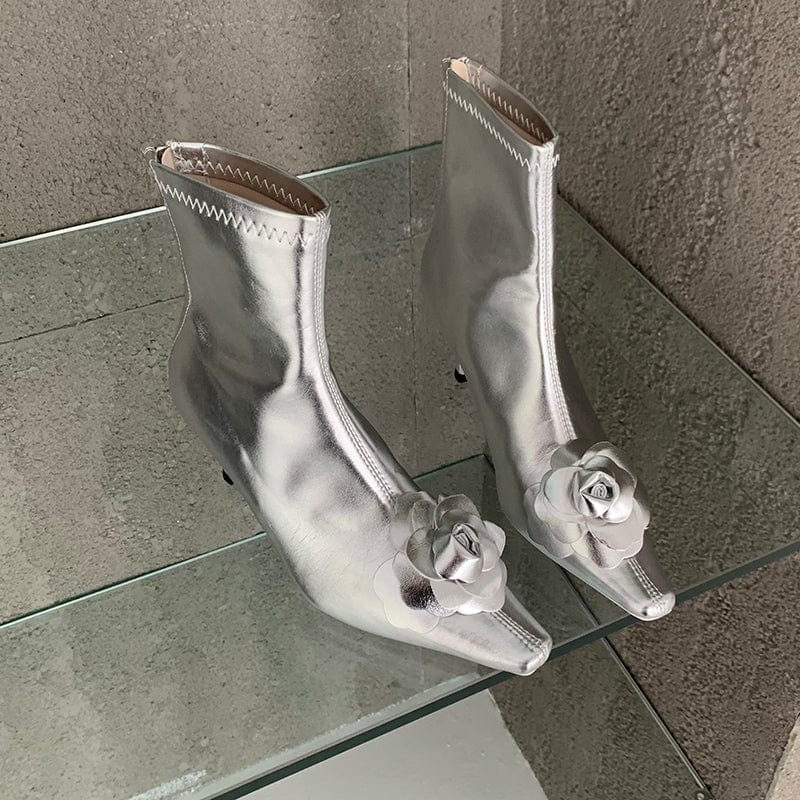 35 / Silver Fashion Flower PU Sewing Decoration 2023 New Solid Square Toe Thin High Heel Office Lady Ankle Boots Zippers 35-39 Women Shoes