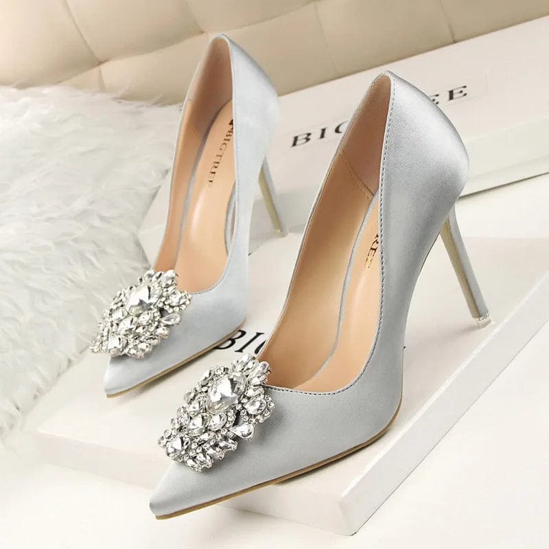 35 / silver New Women Korean Shining Crystal simple  high heels Slippers Shallow pointed mouth thin mature sexy women High Heel Sandals