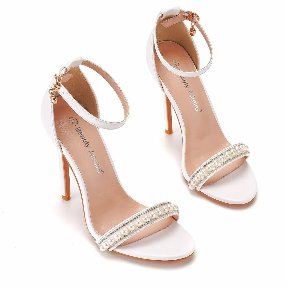 35 / White 8cm PDEP 11cm high heeled sandals pearl white ankle buckle strap stiletto heels fish mouth Roman  white wedding shoes for bride