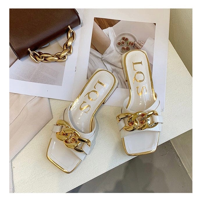 35 / White venta pantuflas mayoreo 2023 high quality summer women's flat slides chain sandals square toe outdoor ladies heels slippers