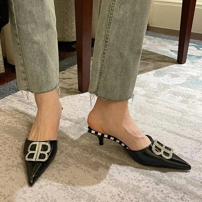 36 / Black Wholesale price stiletto high heels slippers ANMAIRON low heel pointy diamond heeled sandals sexy womens slippers