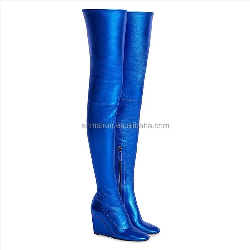 36 / Blue Anmairon In Stock Fast Shipping Stretch Leather Over The Knee Bright Color Women Wedge Boots