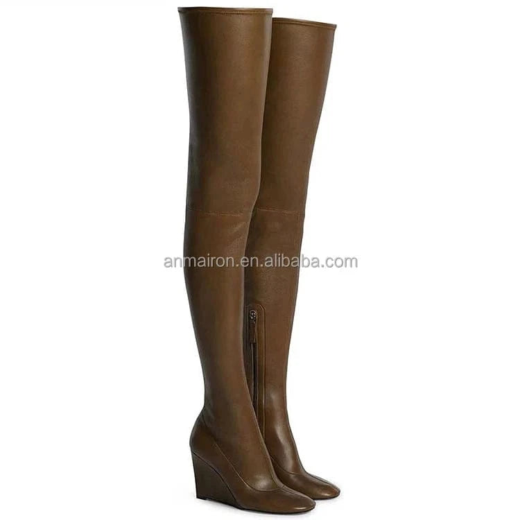 36 / Brown Anmairon In Stock Fast Shipping Stretch Leather Over The Knee Bright Color Women Wedge Boots