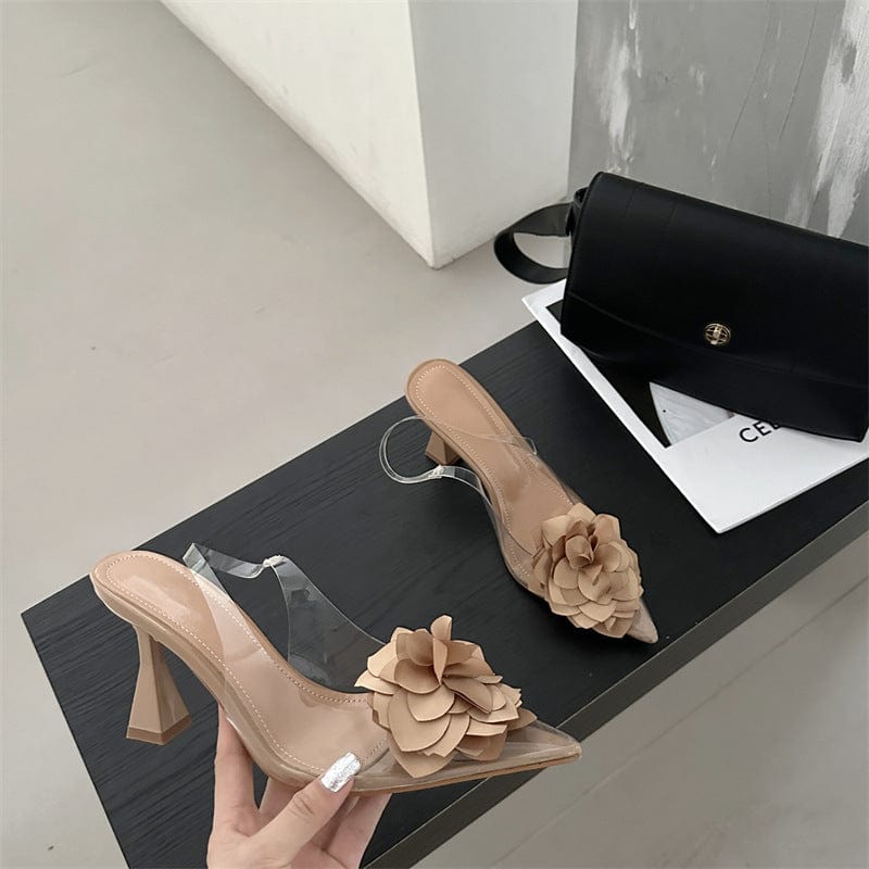 36 / Brown PDEP 2023 new sling back women's shoes flower elegant point toe  ladies  high heels shoes clear transparent heeled sandals