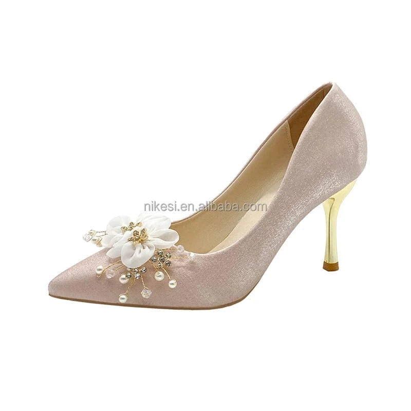 36 / champagne 8cm Wholesale custom women's sandals high heels temperament shoes women's wedding pointy metal decoration dress shoes