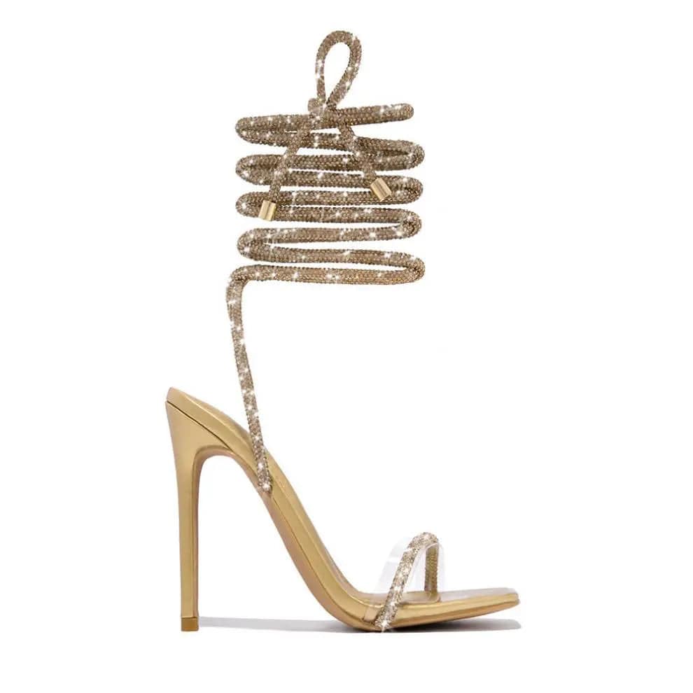 36 / Gold BUSY GIRL LFN4368 Heeled Sandals Women Bling Rhinestone Lace Up Heels Clear PVC High Heels Shoes For Women Ladies talon femme