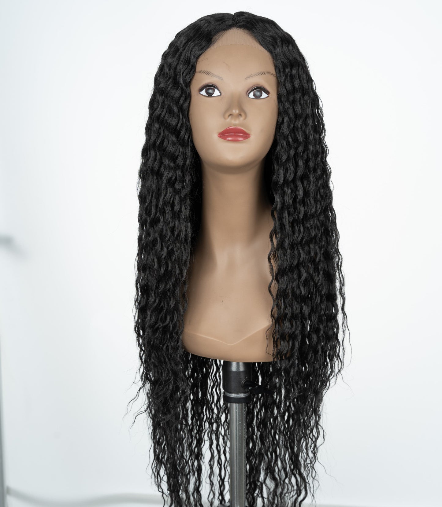 36 Inches / C1B sleek wholesale hot selling heat resistant fiber middle part long water wave Swiss lace frontal wig synthetic hair wig for women