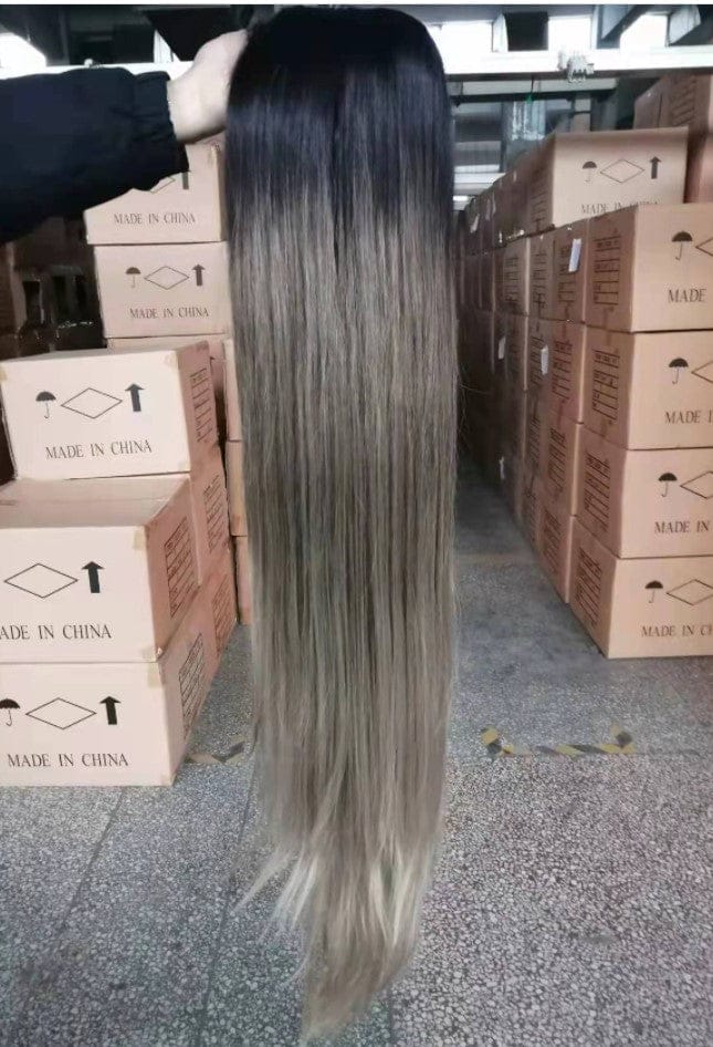 36 Inches / TAT4/10/16A Sleek hair factory wholesale natural ombre color super long 32 inch 13*4 silk straight wave lace frontal synthetic hair wigs