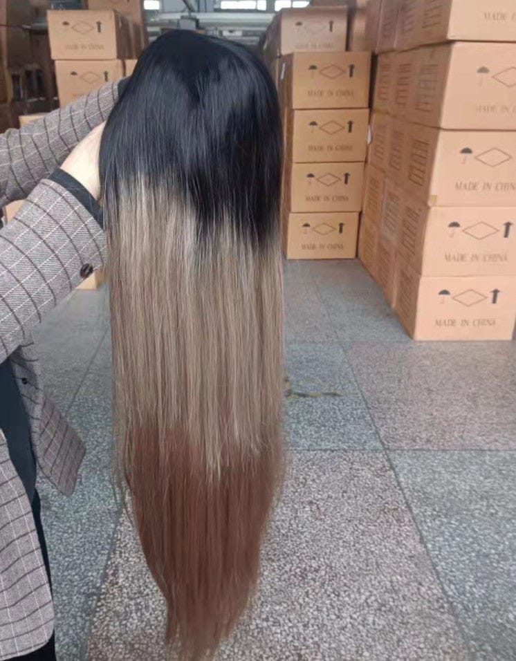 36 Inches / TAT4/12/613F Sleek hair factory wholesale natural ombre color super long 32 inch 13*4 silk straight wave lace frontal synthetic hair wigs