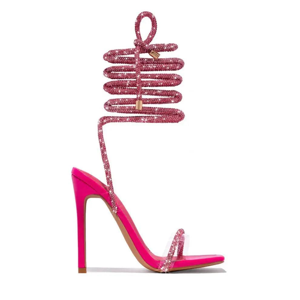36 / Pink BUSY GIRL LFN4368 Heeled Sandals Women Bling Rhinestone Lace Up Heels Clear PVC High Heels Shoes For Women Ladies talon femme