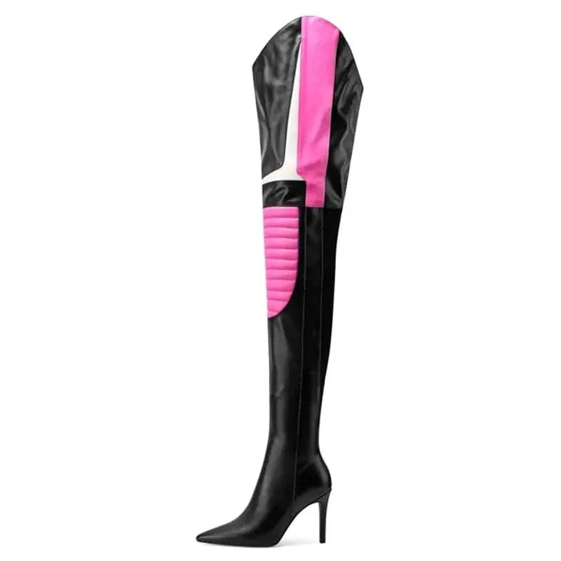 36 / Pink Colorful Mixed Color Women's Over Knee Boots Slim High Heels Side Zipper Pointed Shoes Lady Large Size 44 Thigh High Booties
