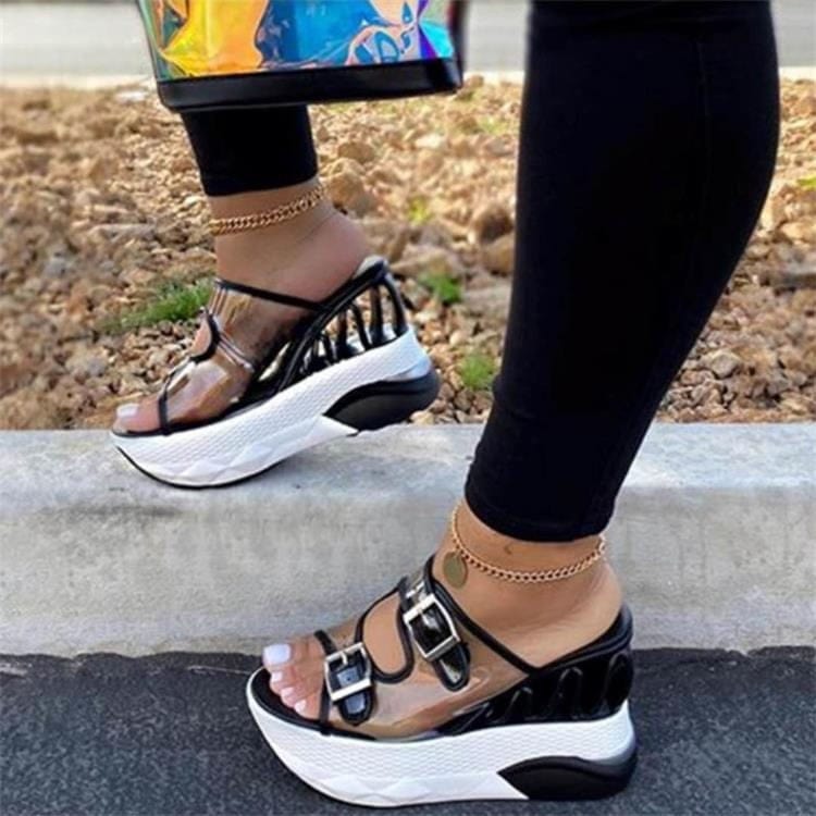 36 (US Size 6) / Black Leslides Jelly Slides Sandals Transparent Breathable Platform Shoes Sports Casual PU Leather Sandals Buckle for Women High Heels