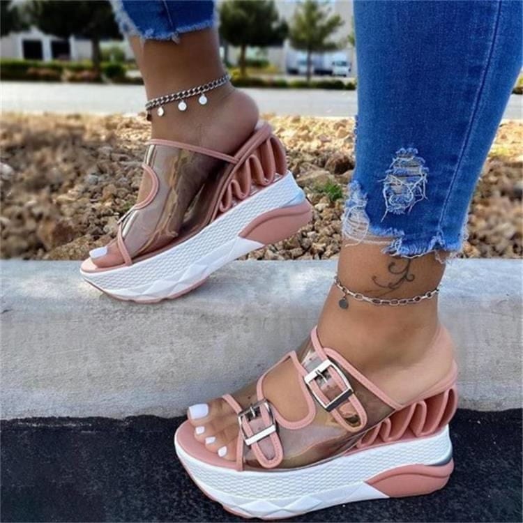 36 (US Size 6) / Pink Leslides Jelly Slides Sandals Transparent Breathable Platform Shoes Sports Casual PU Leather Sandals Buckle for Women High Heels