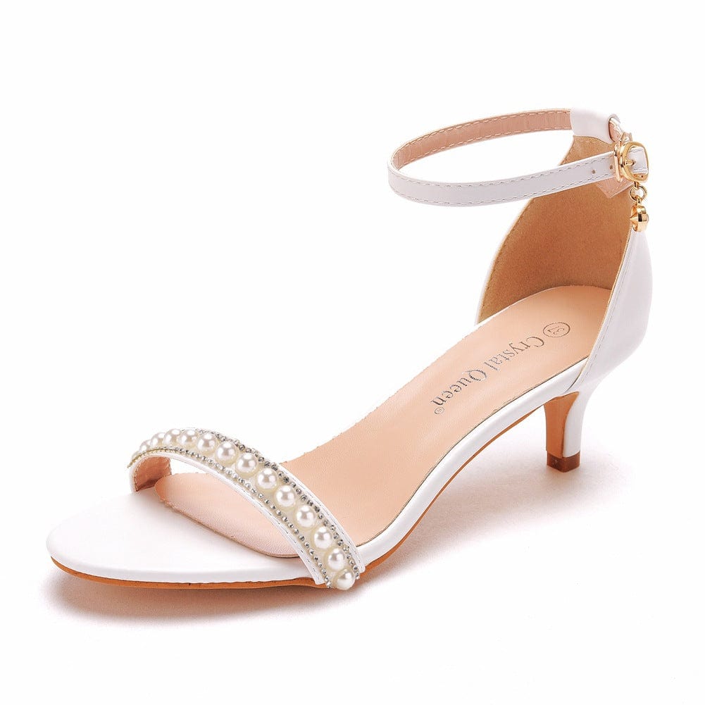 36 / White 5cm PDEP 11cm high heeled sandals pearl white ankle buckle strap stiletto heels fish mouth Roman  white wedding shoes for bride
