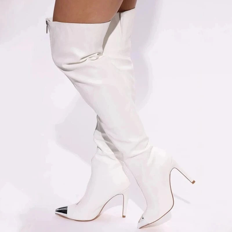 36 / White Women's Front Silver Zipper Metal Pointed toe Long Boots Skintight Thigh High Booties Sexy Dress Stiletto Stage Shoes
