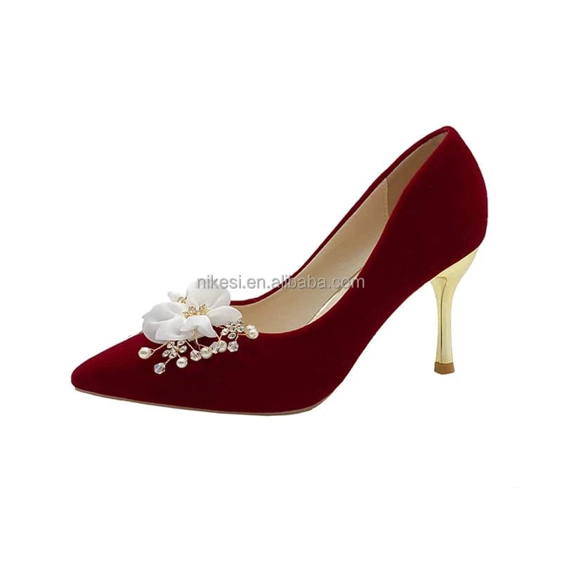36 / Wine red 8cm Wholesale custom women's sandals high heels temperament shoes women's wedding pointy metal decoration dress shoes
