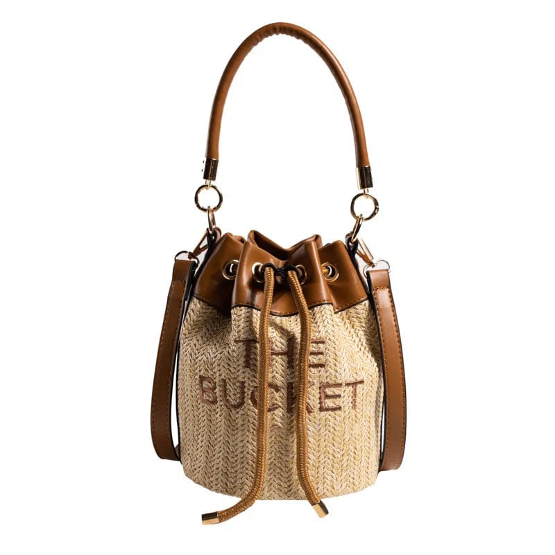37*16*16cm / Brown New Straw Bucket Tote Bag For Women Crossbody Female Handbag Solid Words Letter Leisure PU Luxury Designer Fashion Shoulder Bag