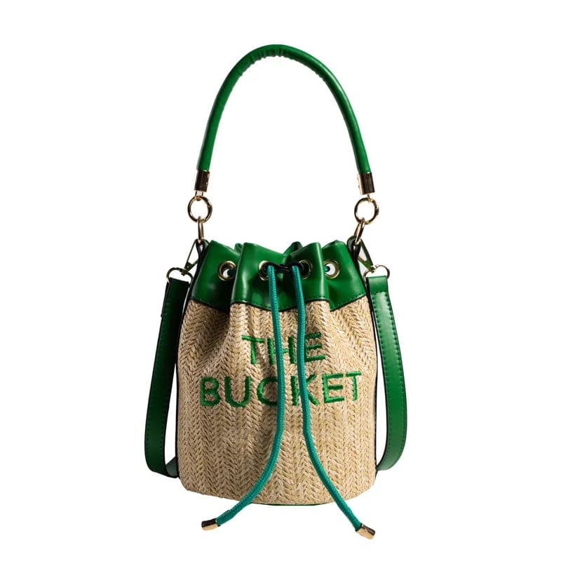 37*16*16cm / green New Straw Bucket Tote Bag For Women Crossbody Female Handbag Solid Words Letter Leisure PU Luxury Designer Fashion Shoulder Bag