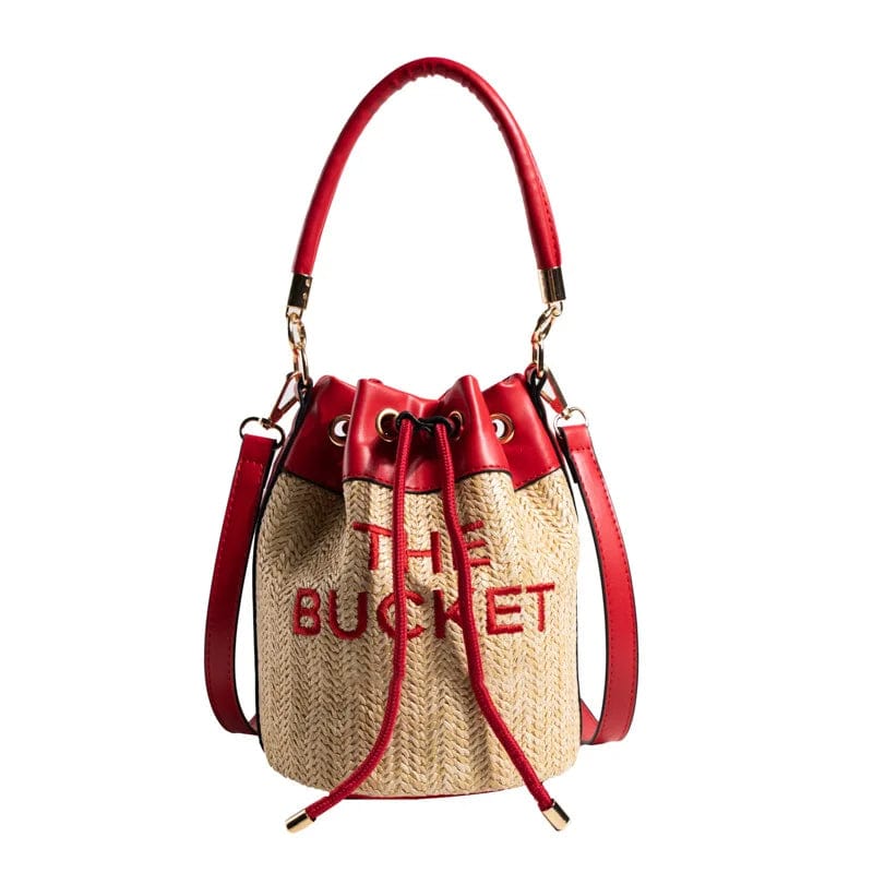37*16*16cm / Red New Straw Bucket Tote Bag For Women Crossbody Female Handbag Solid Words Letter Leisure PU Luxury Designer Fashion Shoulder Bag