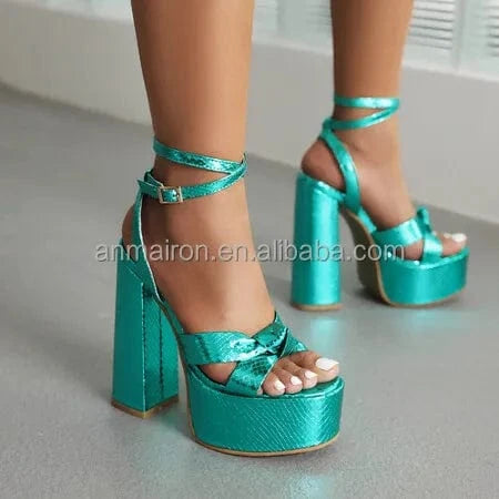 37.5 / green Cheap Heeled Sandals Sexy Party High Heels DROP SHIPPING Thick Heel Platform Sandals For Women Large Size 44
