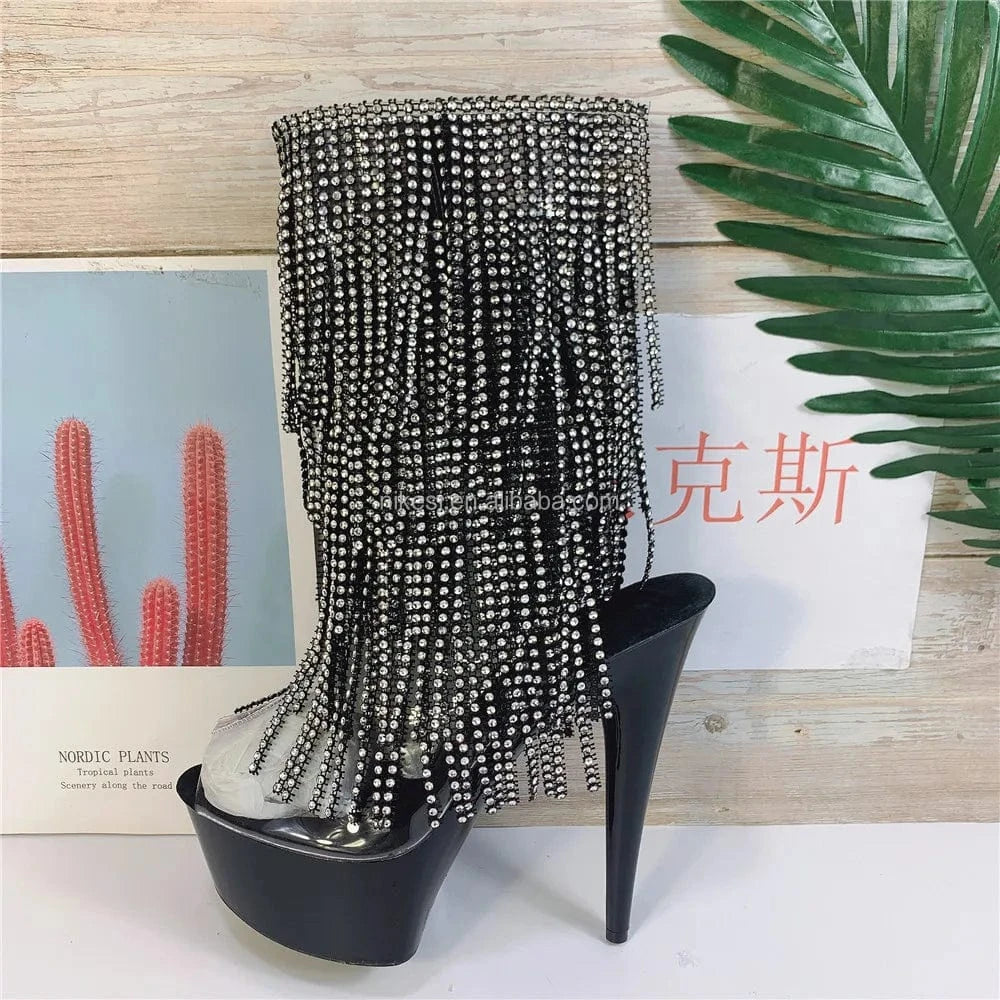 37 / Black 15cm sexy tassel thin heel high heel back lace-up pole dance shoes/model catwalk dress shoes