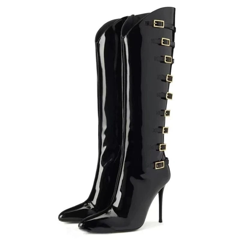 37 / Black Large Size 46 Metal Buckles Slim Heels Shoes Women Pointed Toe  Patent Long Booty Side Zipper Sexy Knee High Boots