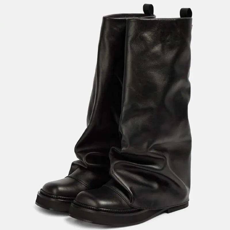 37 / Black Thick Sole Loose Upper Shoes Leather Flat Heels Square Toe Slouchy Long Boots Women's Wide Fit Knee High Booties