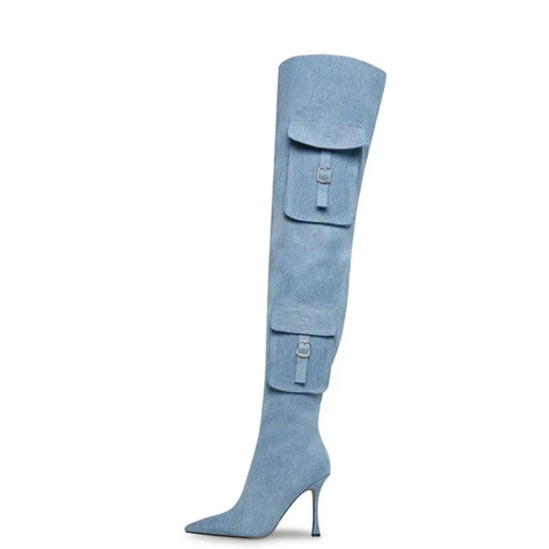 37 / Blue Big Size 44 Stage Women's Over Knee High Thin Heels Pockets Boots Pointed Toe Shoes Stiletto Wide Fit Long Booties
