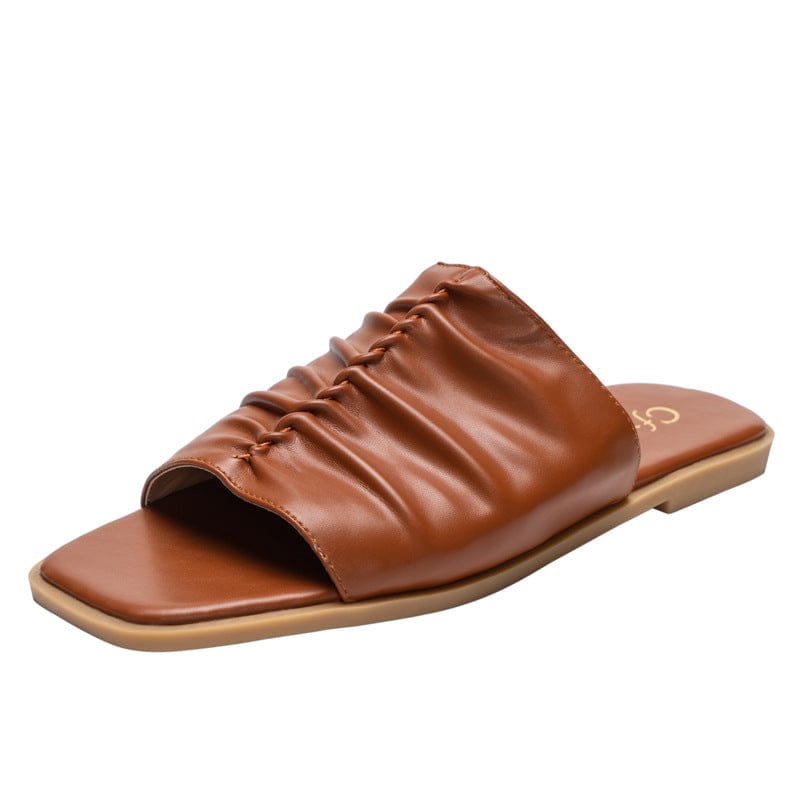 37 / Brown indoor outdoor wear Women Shoes Pleated Slipper ladies Summer Slippers Wearing Flat Sandals Women's beach slippers