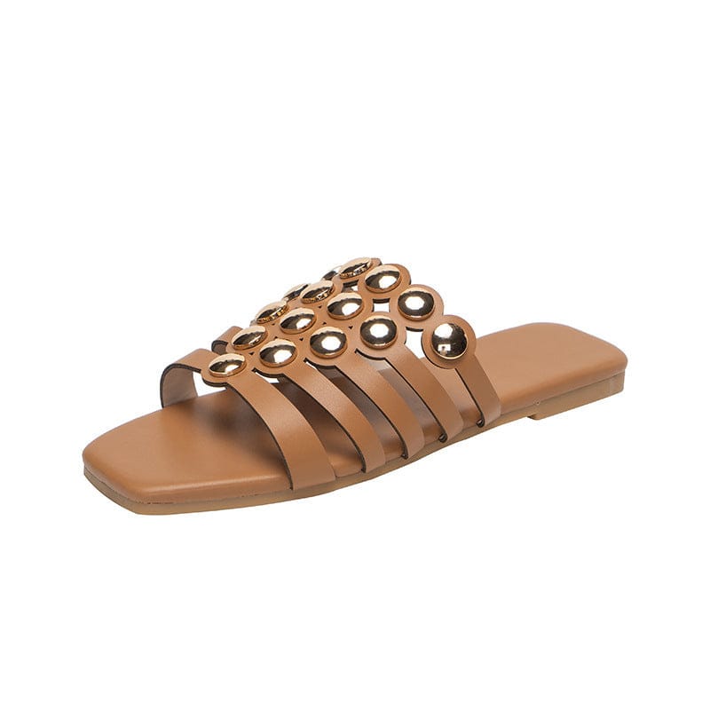 37 / Brown New ladies casual shoes studded flat slippers female head hollowed out sandals women slippers